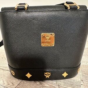Vintage MCM Black Leather Shoulder Bag with Gold Details